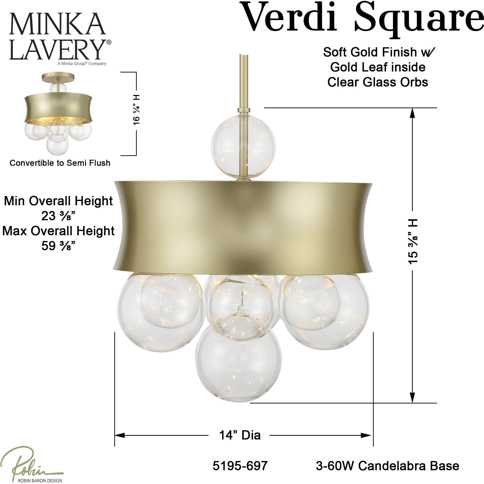 Verdi Square 3 Light 14 inch Soft Gold With Gold Leaf Convertible Pendant Ceiling Light